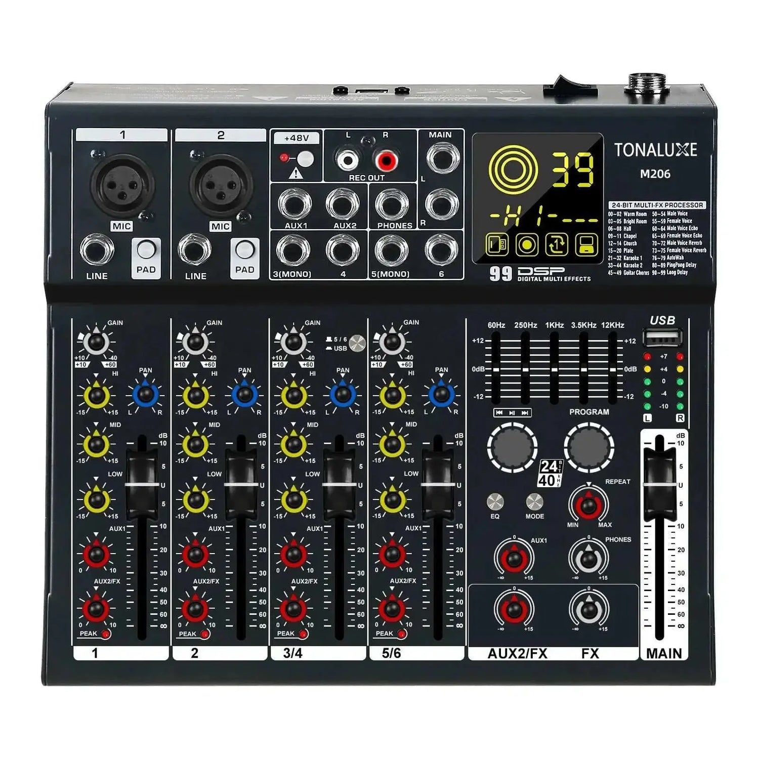Fuluode M206/M208 Audio mixer 99 Preset DSP Effects 7-Band EQ Adjustment on Main Output Bluetooth USB MONO Input Connectivity Khamik Shop Online