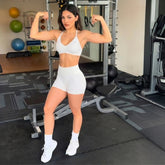 AURA SHARK Strappy Bra Gym Set Women High Support Thin Strap Seamless Halter Sports Scrunch Workout Yoga Set 2 Piece Khamik Shop Online