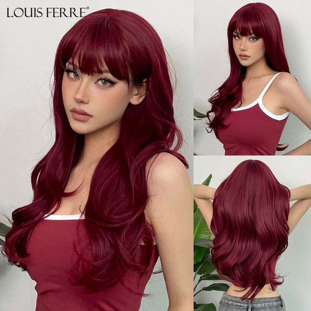 LOUIS FERRE Long Wavy Ombre Brown Wig with Bangs Synthetic Hair Wig Heat Resistant Daily Wear Office Party Cosplay Halloween Khamik Shop Online
