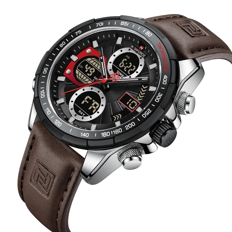 2022  Sport Watches for Men Strong Luminous Dual Display Waterproof Quartz Genuine Leather Wristwatch Relogio Masculino