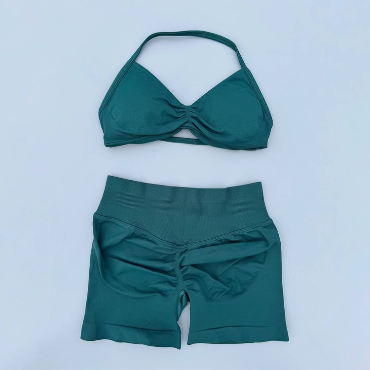 AURA SHARK Strappy Bra Gym Set Women High Support Thin Strap Seamless Halter Sports Scrunch Workout Yoga Set 2 Piece Khamik Shop Online