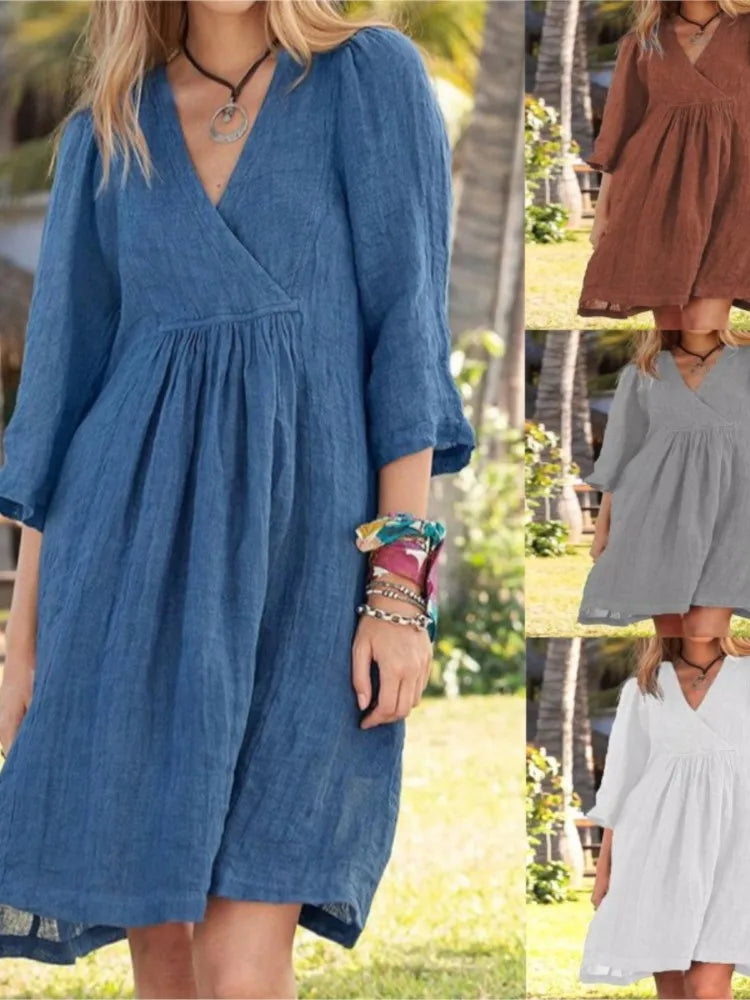 Cotton And Linen Dress For Women 2024 Autumn 3/4 Sleeve Casual Loose Solid Color V-neck Midi Dresses Elegant Women&
