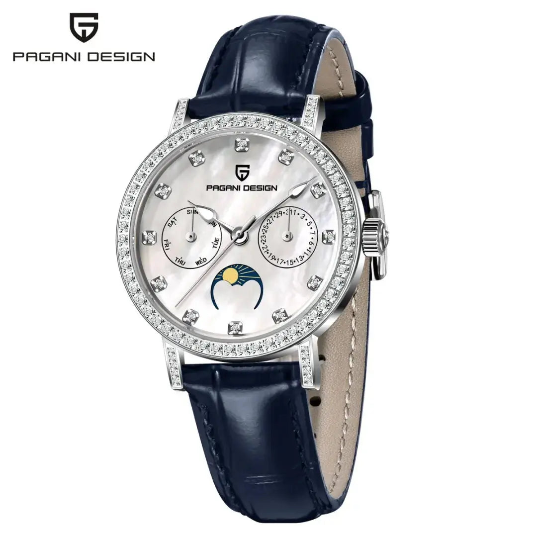 PAGANI DESIGN Women Quartz Watch Mop Dial Diamond Bezel Moon Phase Week Date Multi-function 50M Waterproof White Leather watch Khamik Shop Online