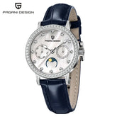 PAGANI DESIGN Women Quartz Watch Mop Dial Diamond Bezel Moon Phase Week Date Multi-function 50M Waterproof White Leather watch Khamik Shop Online