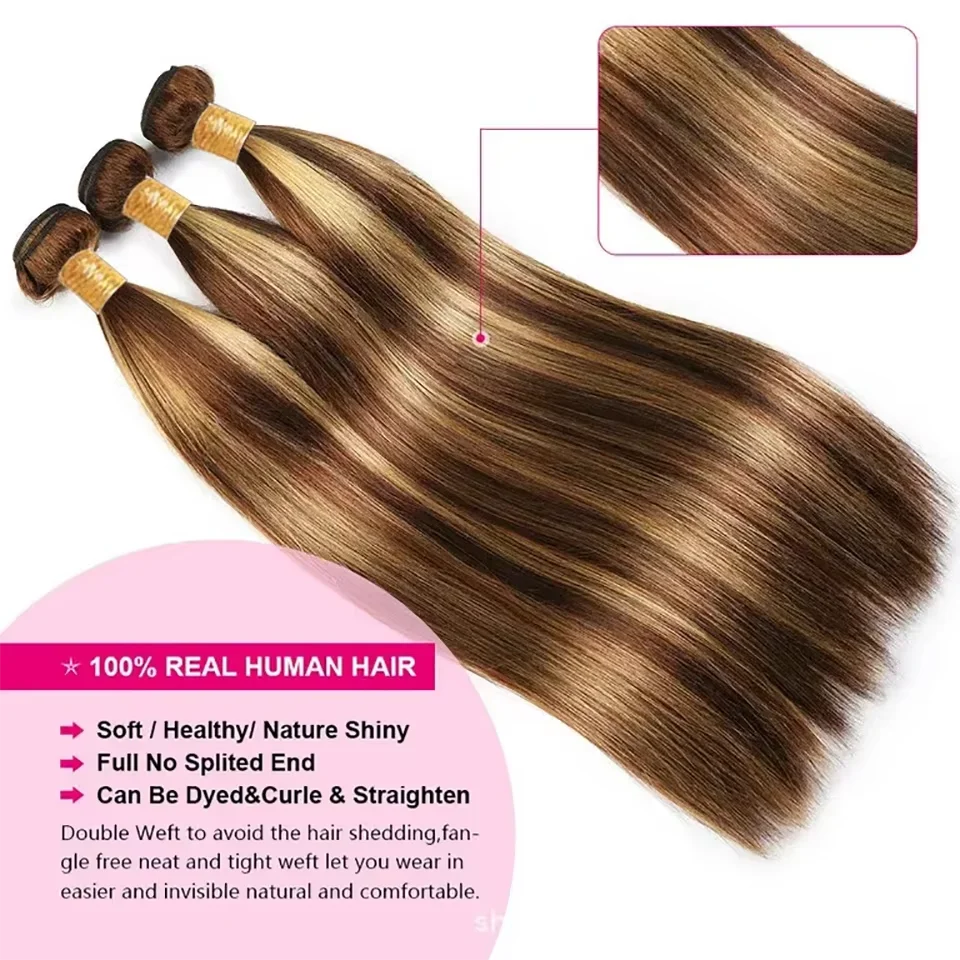 Human Hair Weaves Highlight Straight 1/3 Bundles P4/27 Honey Blonde Brown For Women Brazilian Straight Bundles Human Hair Virgin Khamik Shop Online
