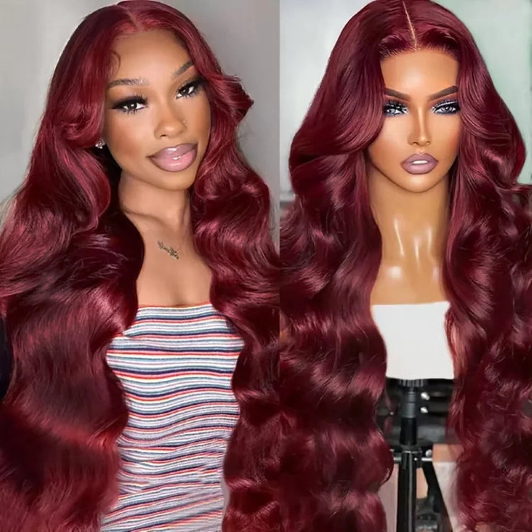 99J Burgundy Red 34 Inch Body Wave Lace Front Wigs 13x4 HD Transparent Human Hair Pre Plucked Dark Burgundy 99J Colored Wig 13x6 Lace  Wigs Pre-Plucked Body Wave Hairstyle For Women Khamik Shop Online