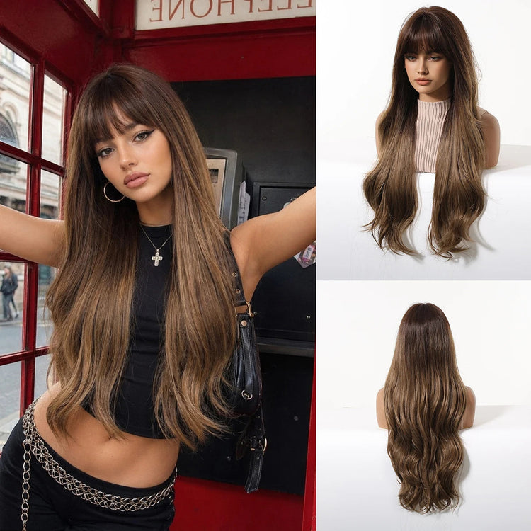 LOUIS FERRE Long Wavy Ombre Brown Wig with Bangs Synthetic Hair Wig Heat Resistant Daily Wear Office Party Cosplay Halloween Khamik Shop Online