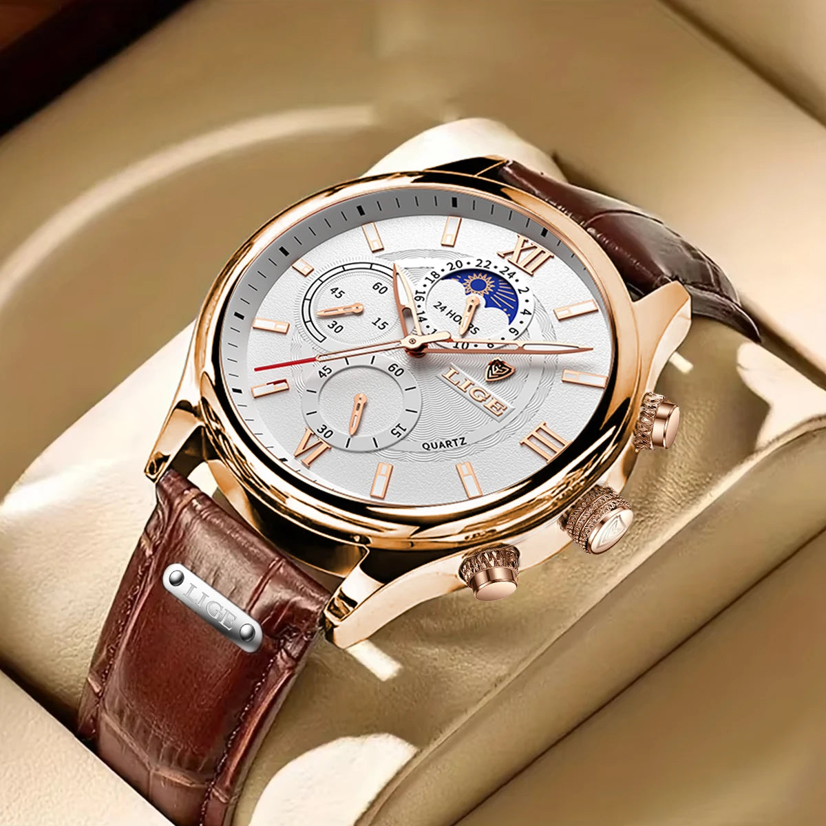 2026  Watches Mens Top Brand Luxury Clock Casual Leathe 24Hour Moon Phase Men Watch Sports Waterproof Quartz Chronograph+Box