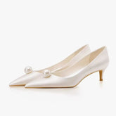 2026 New Luxury Designer White Satin Wedding Bridal Shoes Pearl High Heels Daily Fashion High Heels Khamik Shop Online