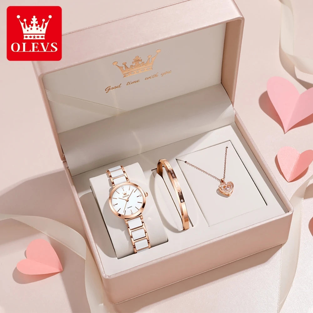 OLEVS Women Watch 5877 Luxury Elegant Quartz Watch Waterproof Luminous Ceramic Strap Ladies Watch Bracelet Set Gift Box Reloj Khamik Shop Online