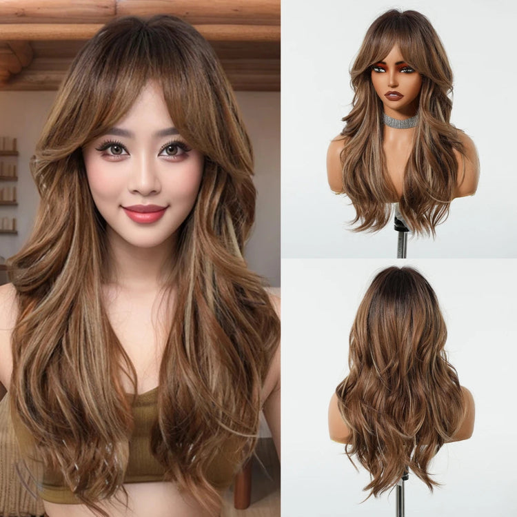 LOUIS FERRE Long Wavy Ombre Brown Wig with Bangs Synthetic Hair Wig Heat Resistant Daily Wear Office Party Cosplay Halloween Khamik Shop Online