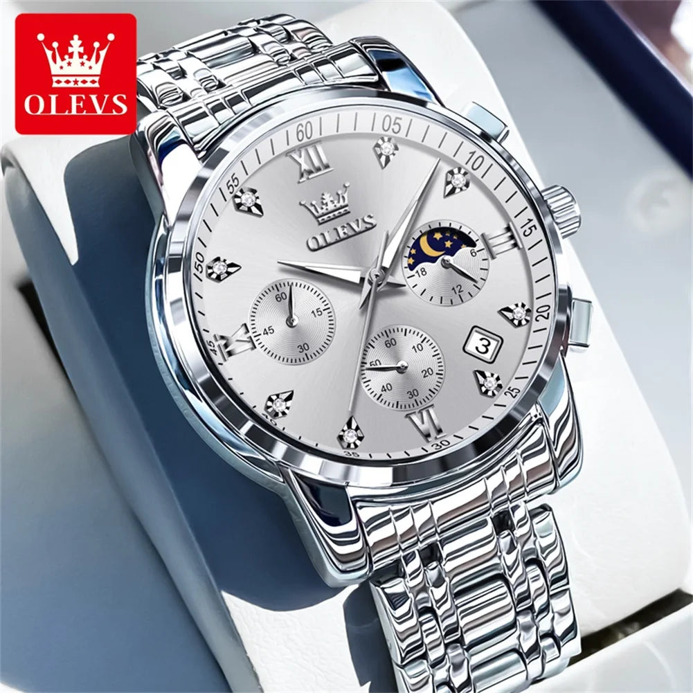 OLEVS 2858 Quartz Watch for Men Classic Three Eye Chronograph Small Dial 24 Hour Moon Phase Luxury Original Men&