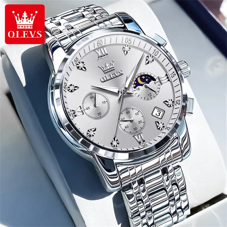 OLEVS 2858 Quartz Watch for Men Classic Three Eye Chronograph Small Dial 24 Hour Moon Phase Luxury Original Men&