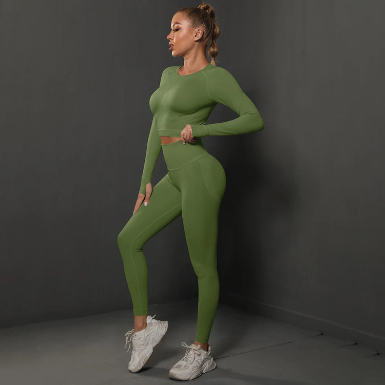 2Pcs Women Sets Energy Seamless Gym Suits Bubble Butt Sports Pants+Long Sleeve Shirts Push Up Running Sets Tracksuits Tights Set Khamik Shop Online