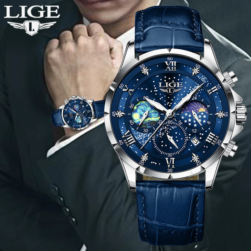 2024  Men'S Watch Luxury Waterproof Male Clock Moon Phase Date Casual Blue Leather Quartz Chronograph Men'S Wristwatch Reloj
