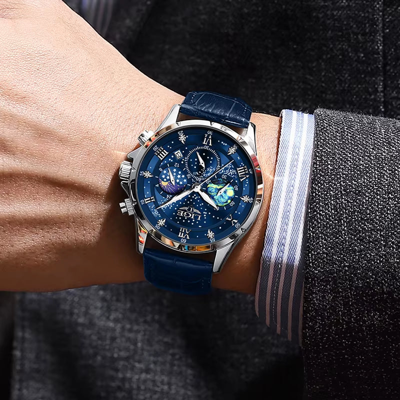 New  Mens Watch Luxury Moon Phase Waterproof Date Clock Casual Blue Leather Quartz Wristwatches Men Chronograph Reloj Hombre