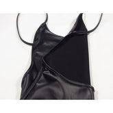 Sexy Faux Leather Dress Backless Club Party Short Dress Solid Black Wet Look Latex Bodycon Push Up Bra Mini Micro Dress Khamik Shop Online