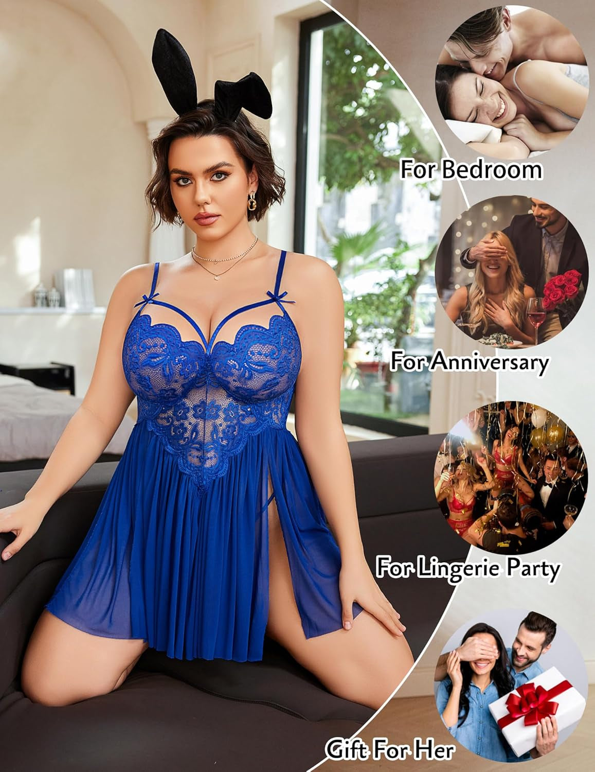 plus Size Lingerie Lace Babydoll V Neck Chemise Mesh Sleepwear