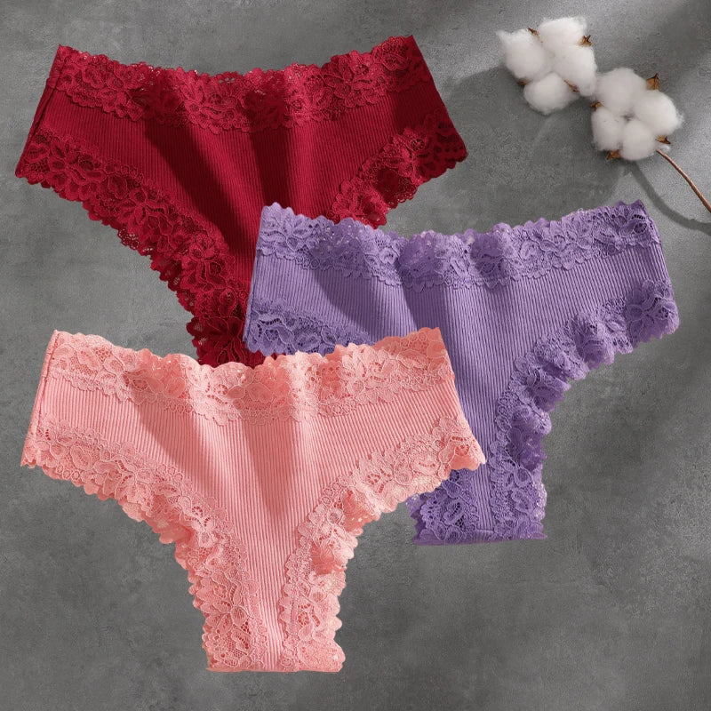 3Pcs Cotton Lace Patchwork Bikini Panties Women Seamless Floral Print Brazilian Pants Low Waist Breathable Female Sexy Lingerie Khamik Shop Online
