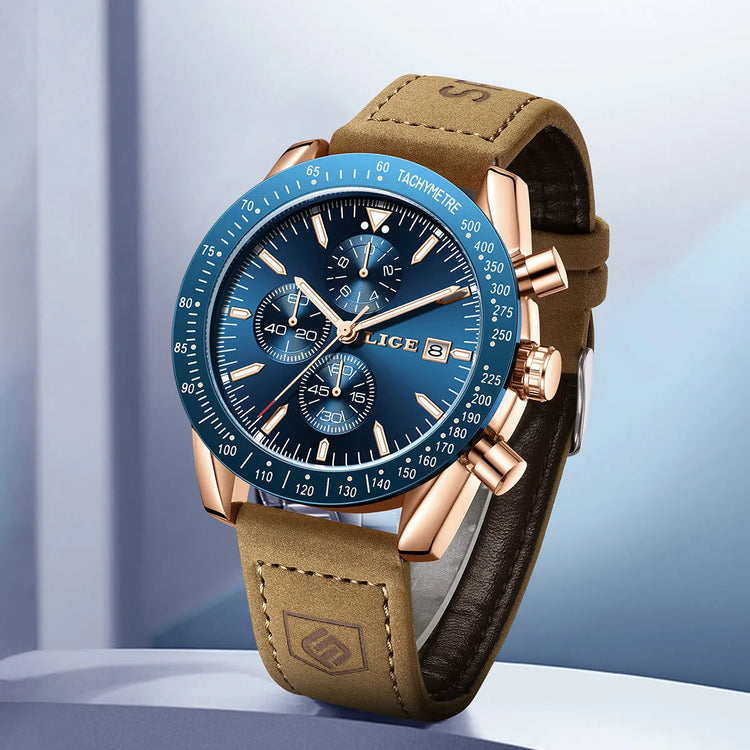 LIGE Leather Watches Men Fashion Business 30M Waterproof Quartz Wristwatch Chronograph Date Luxury Luminous Sports Man Watch+Box Khamik Shop Online