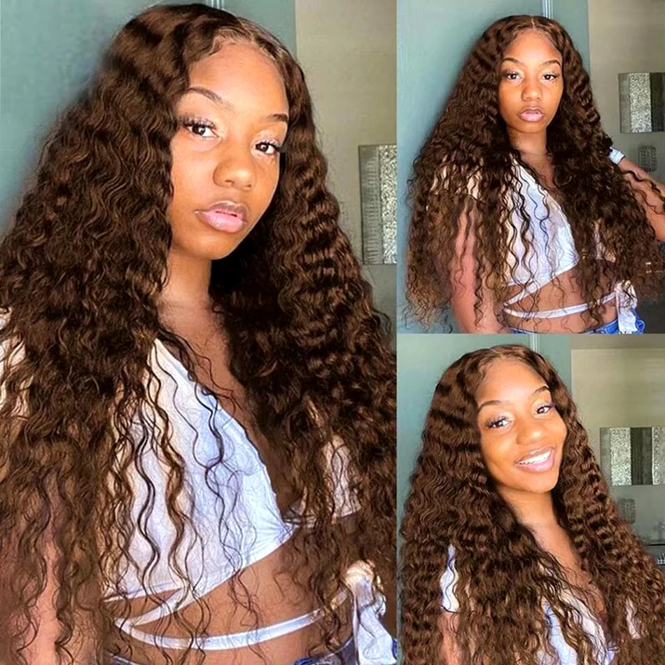 34 Inch Deep Wavy Lace Front Wig in Chocolate Brown Featuring 200 Density And 13X6 HD Lace. This Curly Human Hair Wig Is Ideal for Women And Comes with Pre-Added Natural Hair Threads in Shade 4 Brown Khamik Shop Online