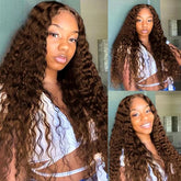 34 Inch Deep Wavy Lace Front Wig in Chocolate Brown Featuring 200 Density And 13X6 HD Lace. This Curly Human Hair Wig Is Ideal for Women And Comes with Pre-Added Natural Hair Threads in Shade 4 Brown Khamik Shop Online