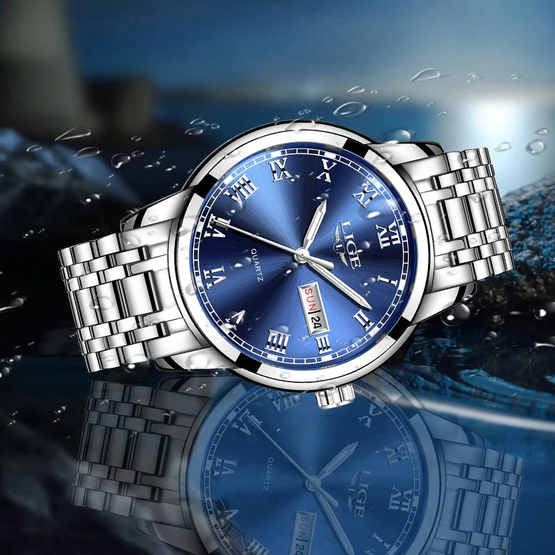 LIGE Top Brand Luxury Quartz Man Watch Fashion Business Stainless Steel Watches for Men Waterproof Casual Auto Date Weeks Clocks