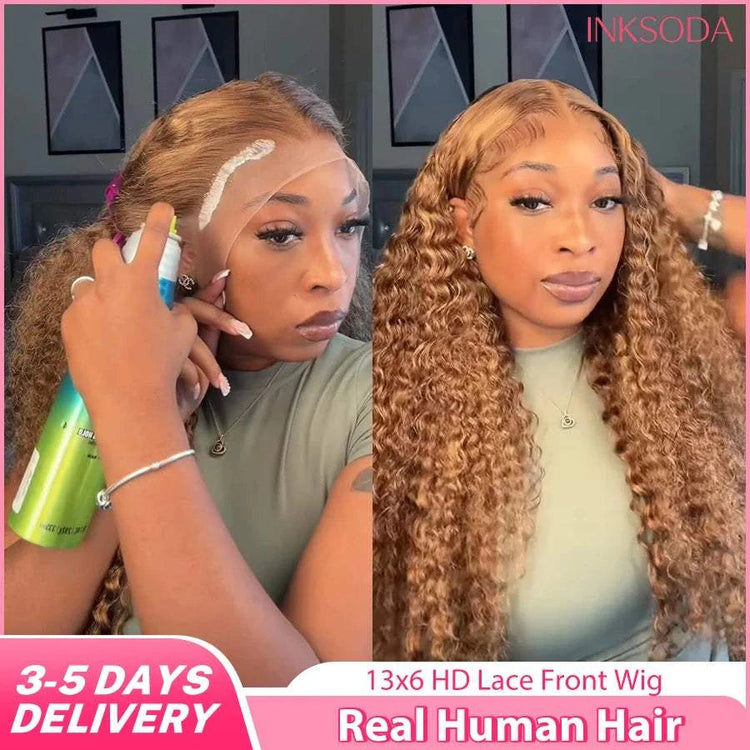 Honey Blonde Deep Wave Wigs Human Hair 13x6 HD Transparent Lace Frontal Wig 220% Density 27 Colored Curly Wigs For Women 36 Inch Khamik Shop Online