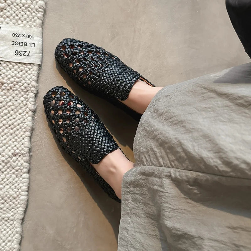 2026 Fashion Hot Sale Genuine Leather Braided Sandals Women Low Heel Breathable Summer Loafers Sandals Female Leisure Pumps Khamik Shop Online