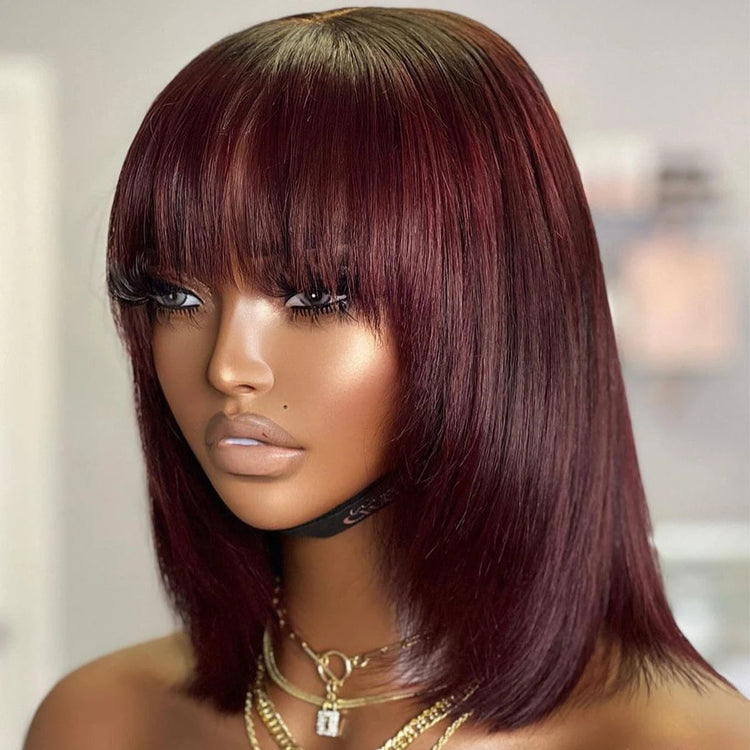 Short Bob Wig Layered with Bangs Straight Human Hair Bob with Bangs 400 Density Wig Human Hair Straight 99j Bob Wig For Women Khamik Shop Online