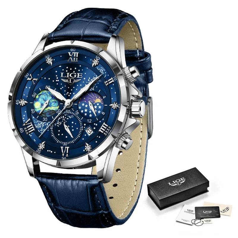 2024  Men'S Watch Luxury Waterproof Male Clock Moon Phase Date Casual Blue Leather Quartz Chronograph Men'S Wristwatch Reloj
