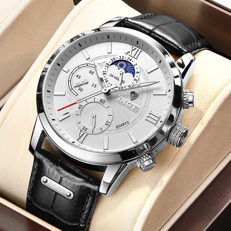 2026  Watches Mens Top Brand Luxury Clock Casual Leathe 24Hour Moon Phase Men Watch Sports Waterproof Quartz Chronograph+Box