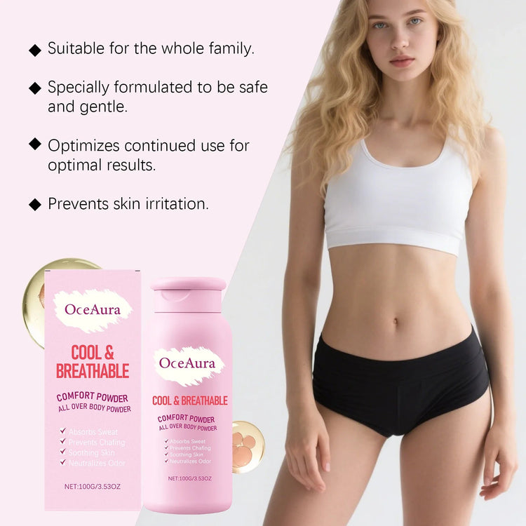 OceAura Body Powder Anti Sweat Armpit Groin Smooth Skin Soothing Comfortable Refreshing Odor Eliminator Anti Chafing Powder 100g Khamik Shop Online