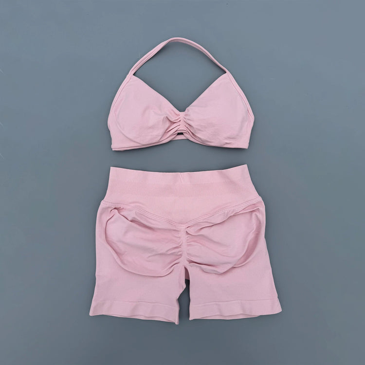 AURA SHARK Strappy Bra Gym Set Women High Support Thin Strap Seamless Halter Sports Scrunch Workout Yoga Set 2 Piece Khamik Shop Online