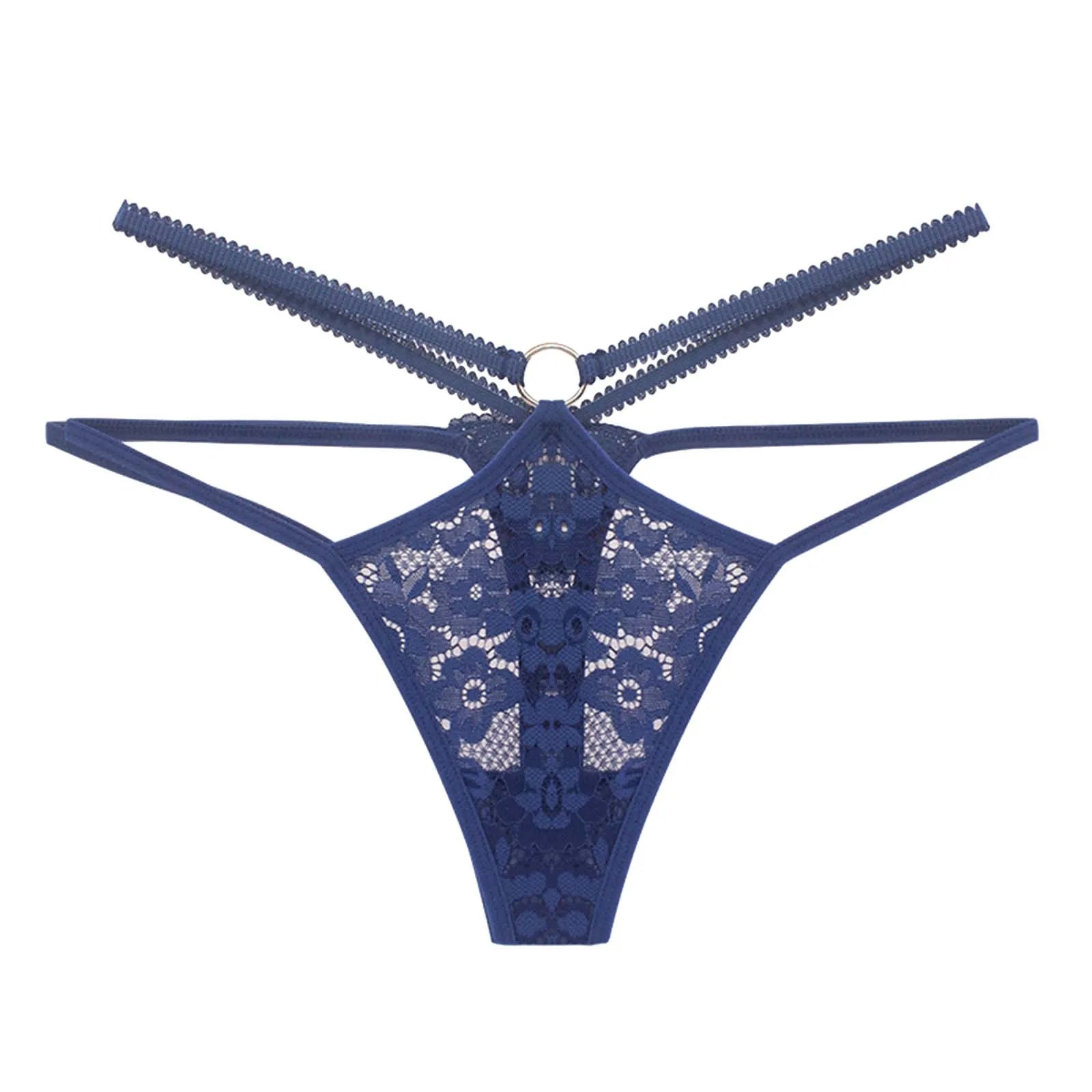 Women Strappy Hollow Briefs Underwear Ring Link Straps Low Rise Floral Lace Panties Ladies Translucent Sexy Underpants Lingerie