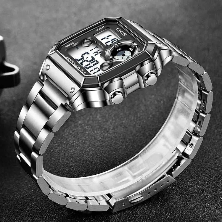 LIGE Fashion Casual Electronic Man Watch Sports Waterproof Luminous Alarm Stainless Steel Band Digital Men&
