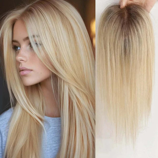 Topper cheveux humains 12 pouces ombré brun clair avec clips et coiffure milieu