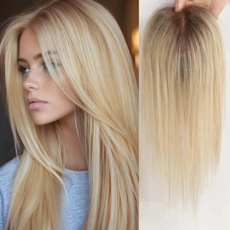 Topper cheveux humains 12 pouces ombré brun clair avec clips et coiffure milieu