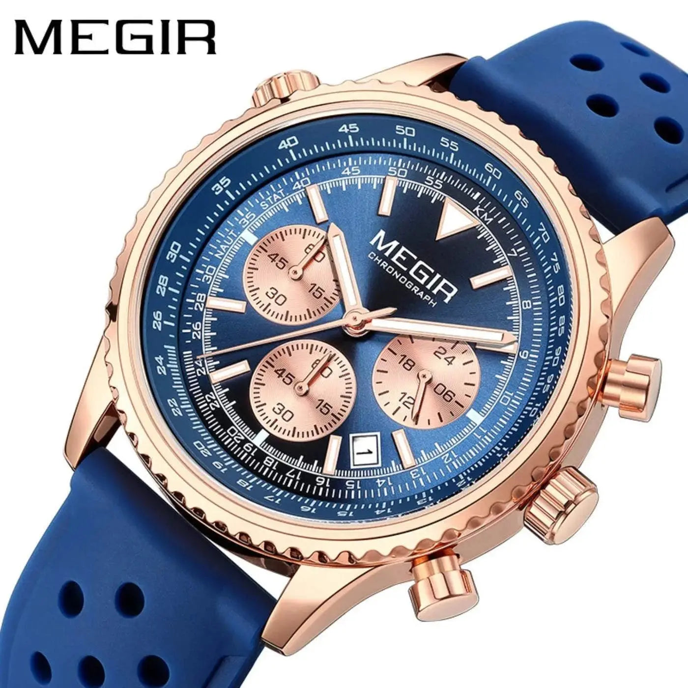 MEGIR Silver Black Quartz Watch Men Military Sport Chronograph Wristwatch with Silicone Strap Luminous Hands Auto Date 2236 Khamik Shop Online