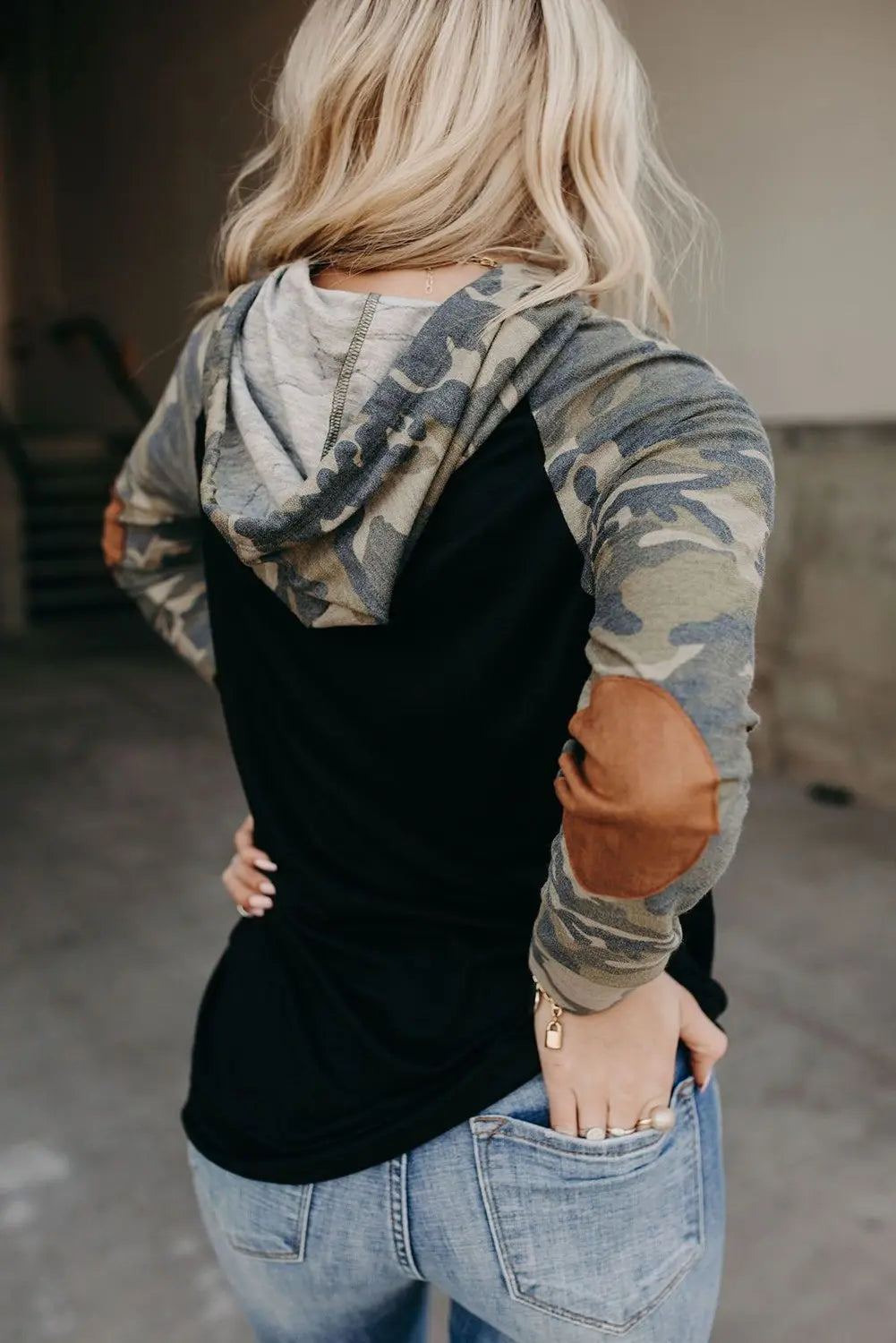 Camo Print Patchwork Hoodie Jade