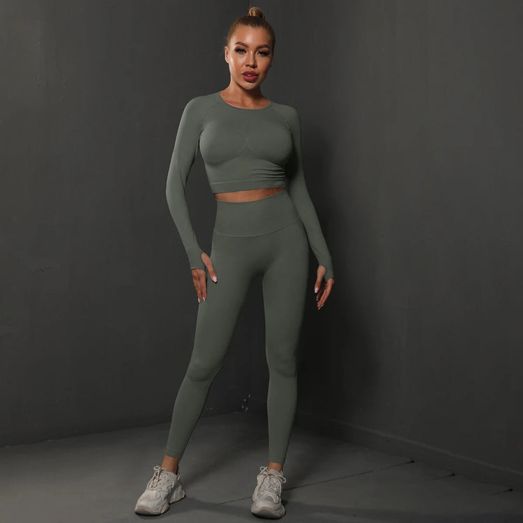2Pcs Women Sets Energy Seamless Gym Suits Bubble Butt Sports Pants+Long Sleeve Shirts Push Up Running Sets Tracksuits Tights Set Khamik Shop Online