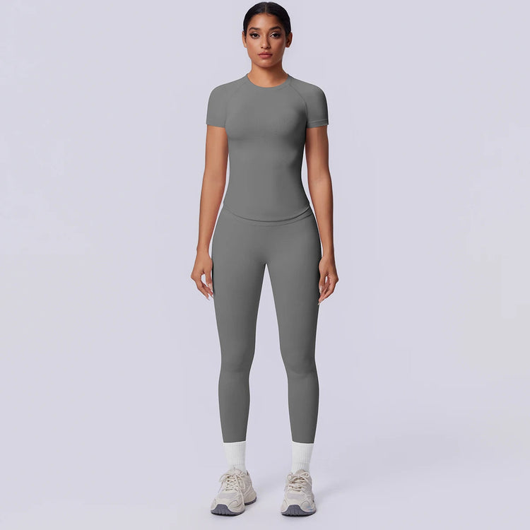 Rooftrellen New 2PCS/set Yoga Set Summer Quick Drying Fitness Sports Workout Top T-Shirt High Stretch Seamless Yoga Leggings Set Khamik Shop Online