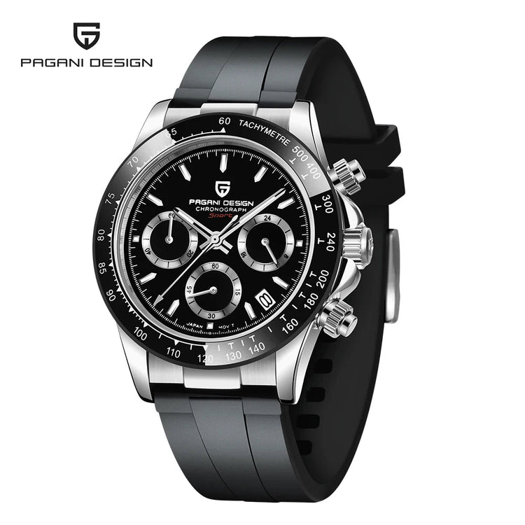 PAGANI DESIGN Men Quartz Chronograph Watch RoseGold Case Black Ceramic Bezel Brown Dial Rubber Strap Waterproof Sports watch+box Khamik Shop Online