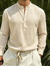 Men Cotton Linen Stand Collar Henley Long Sleeve Shirt Half Button Textured Casual Summer Top Khamik Shop Online