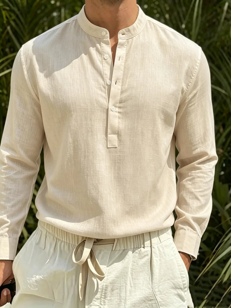 Men Cotton Linen Stand Collar Henley Long Sleeve Shirt Half Button Textured Casual Summer Top Khamik Shop Online