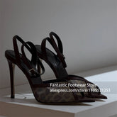 Leopard Print Mesh Slingback Stilettos Pointed Toe High Heel Sandals Criss Cross Ankle Strap Handmade Summer Footwear for Women Khamik Shop Online