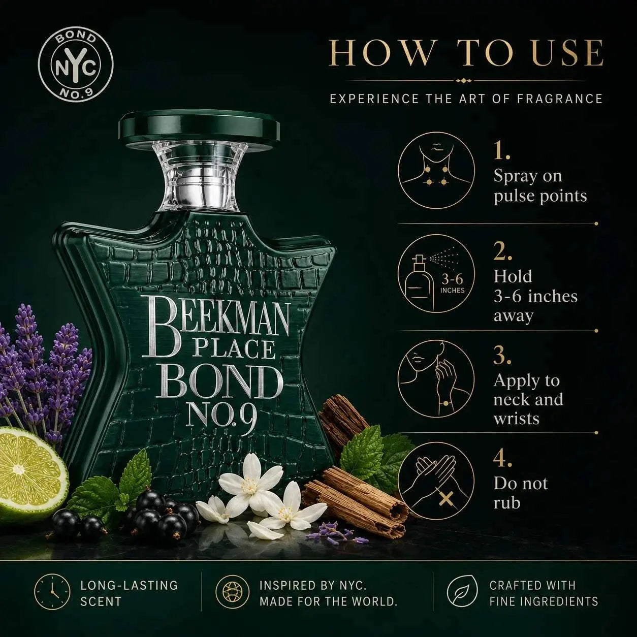 Bond No.9 Beekman Place Eau De Parfum 100ml for Men Long Lasting Luxury Niche Perfume Spray Fresh Citrus Lavender Blackcurrant Jasmine Woody Amber Musk Daily Wear Travel Gift Khamik Shop Online