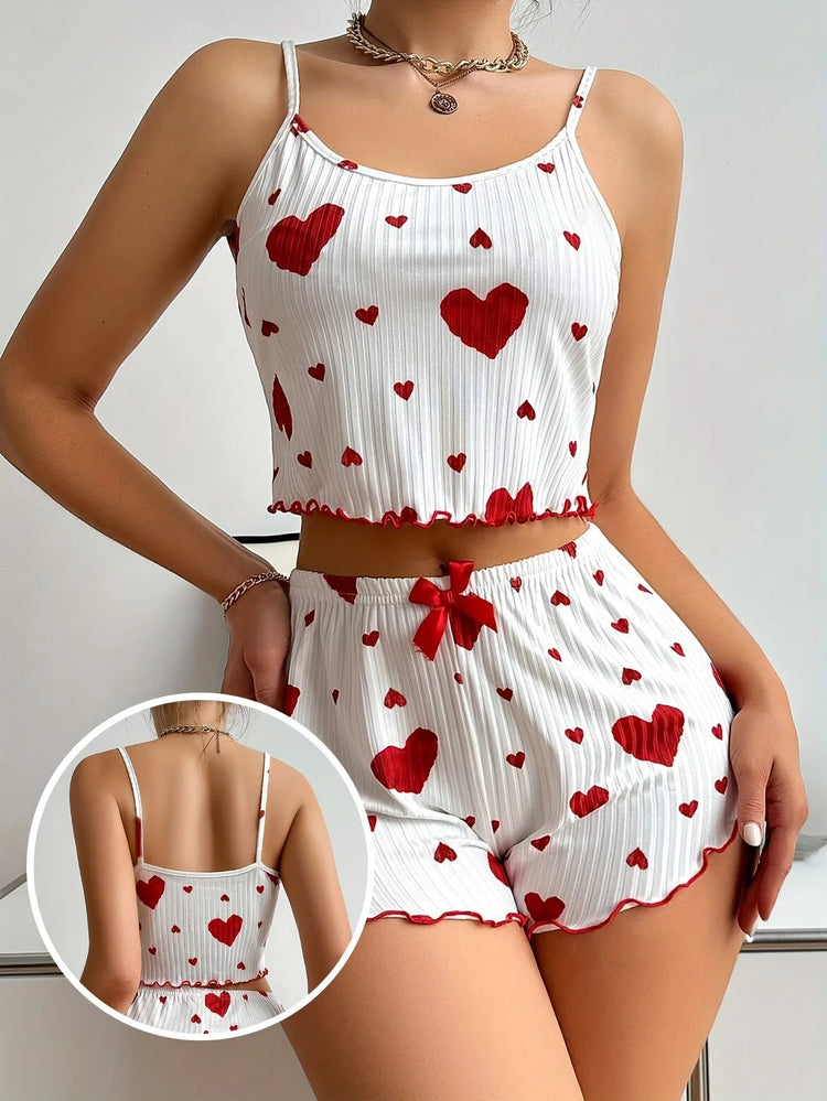 Women 2 Pieces Pajama Set Shorts Homewear Heart Print Underwear Pijamas Sexy Lingerie Camisoles Tanks Sleepwear Khamik Shop Online