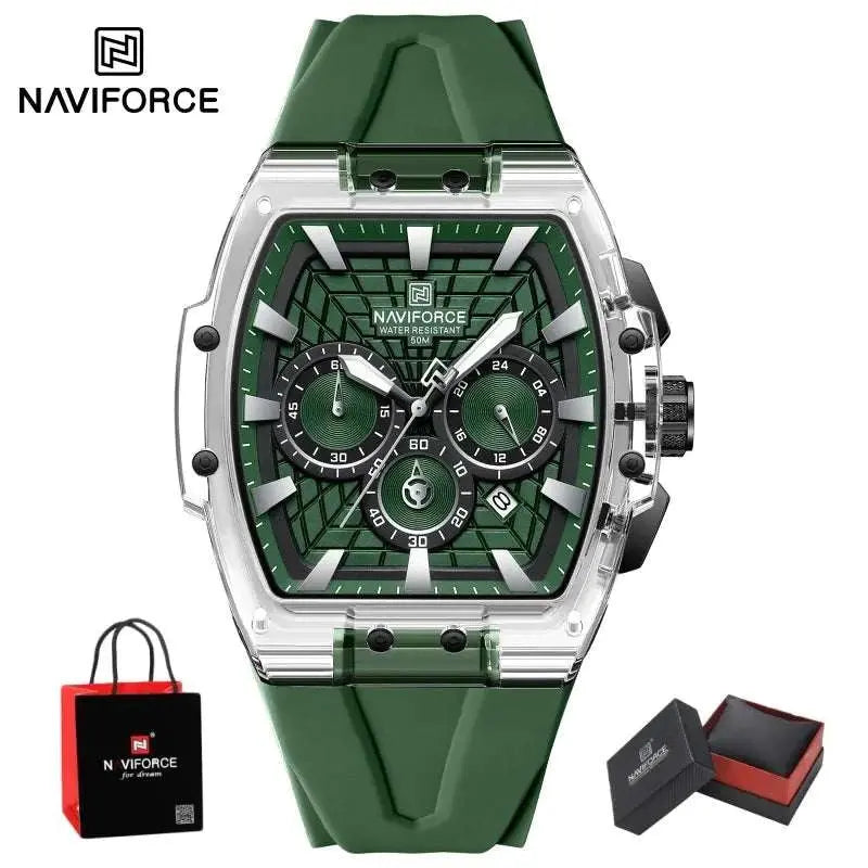NAVIFORCE Mens Sport Watches 5ATM Waterproof Chronograph Tonneau Silicone Strap Luminous Casual Quartz Male Wristwatch Gifts box Khamik Shop Online