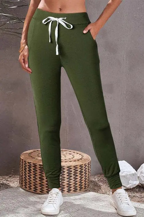 Moss Green Drawstring Waist Pocketed Joggers Carmine Juneberry